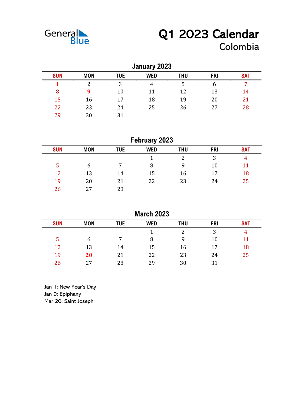  2023 Q1 Calendar with Holidays List