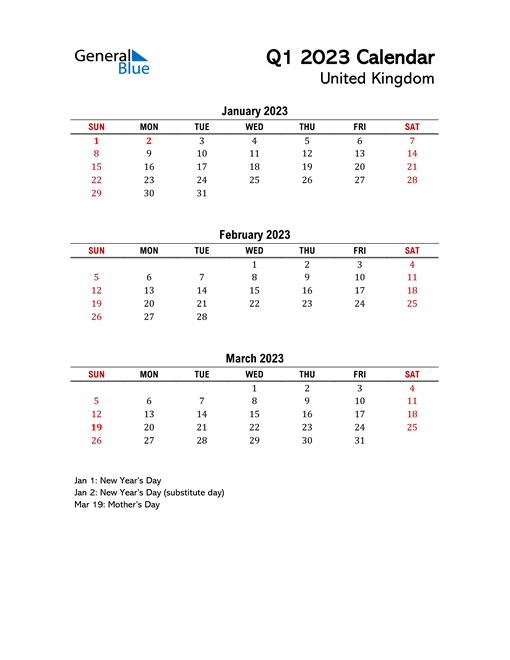 Q1 2023 Quarterly Calendar with United Kingdom Holidays