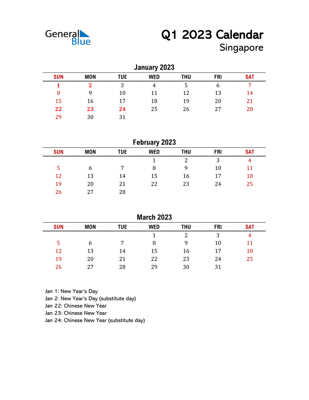 Q1 2023 Quarterly Calendar With Singapore Holidays