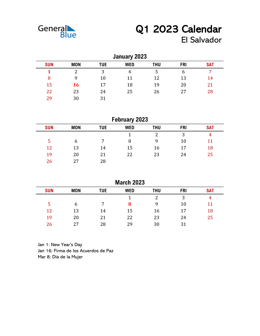  2023 Q1 Calendar with Holidays List