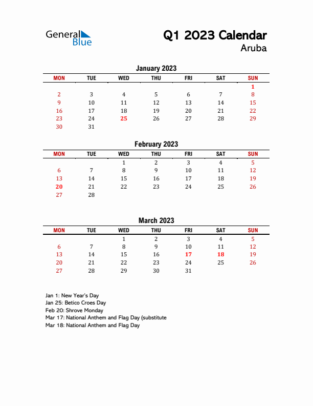 2023 Q1 Calendar with Holidays List for Aruba