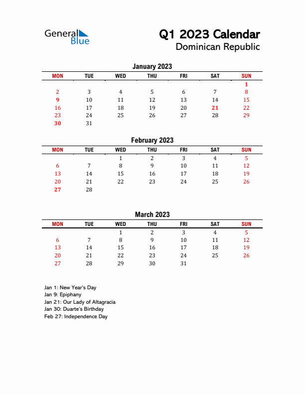 2023 Q1 Calendar with Holidays List for Dominican Republic