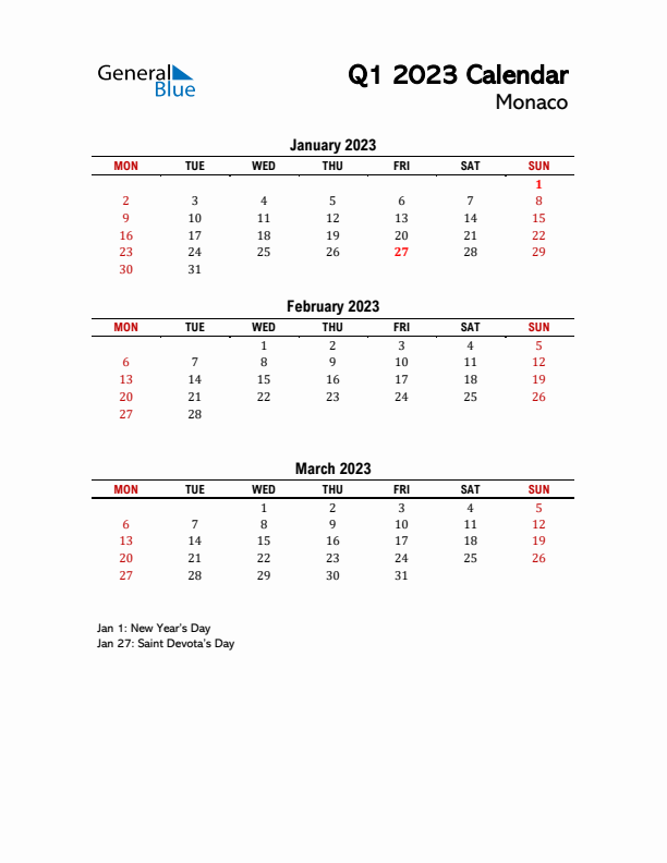 2023 Q1 Calendar with Holidays List for Monaco