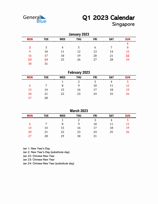 2023 Q1 Calendar with Holidays List for Singapore