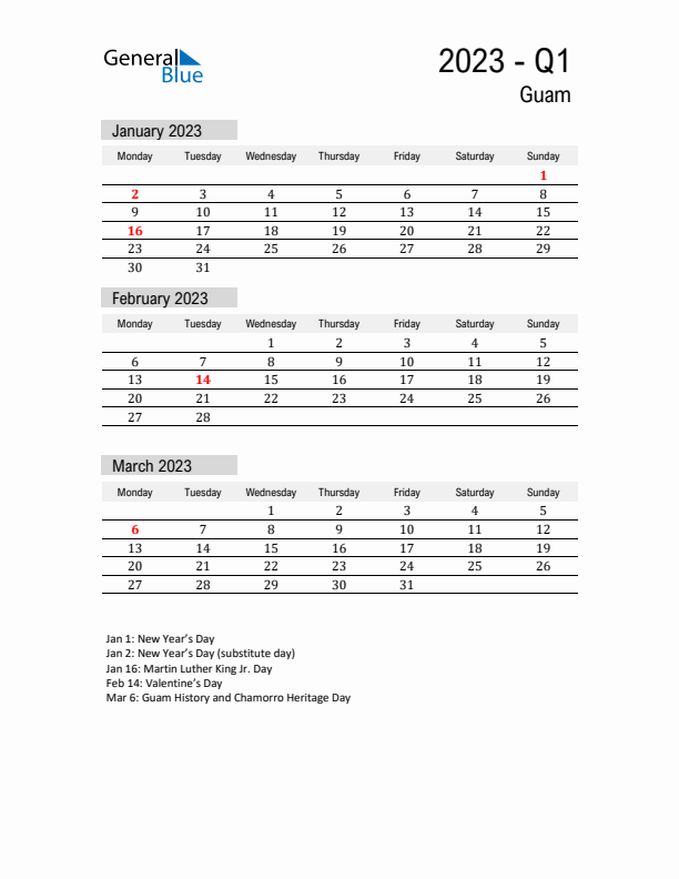 Guam Quarter 1 2023 Calendar with Holidays