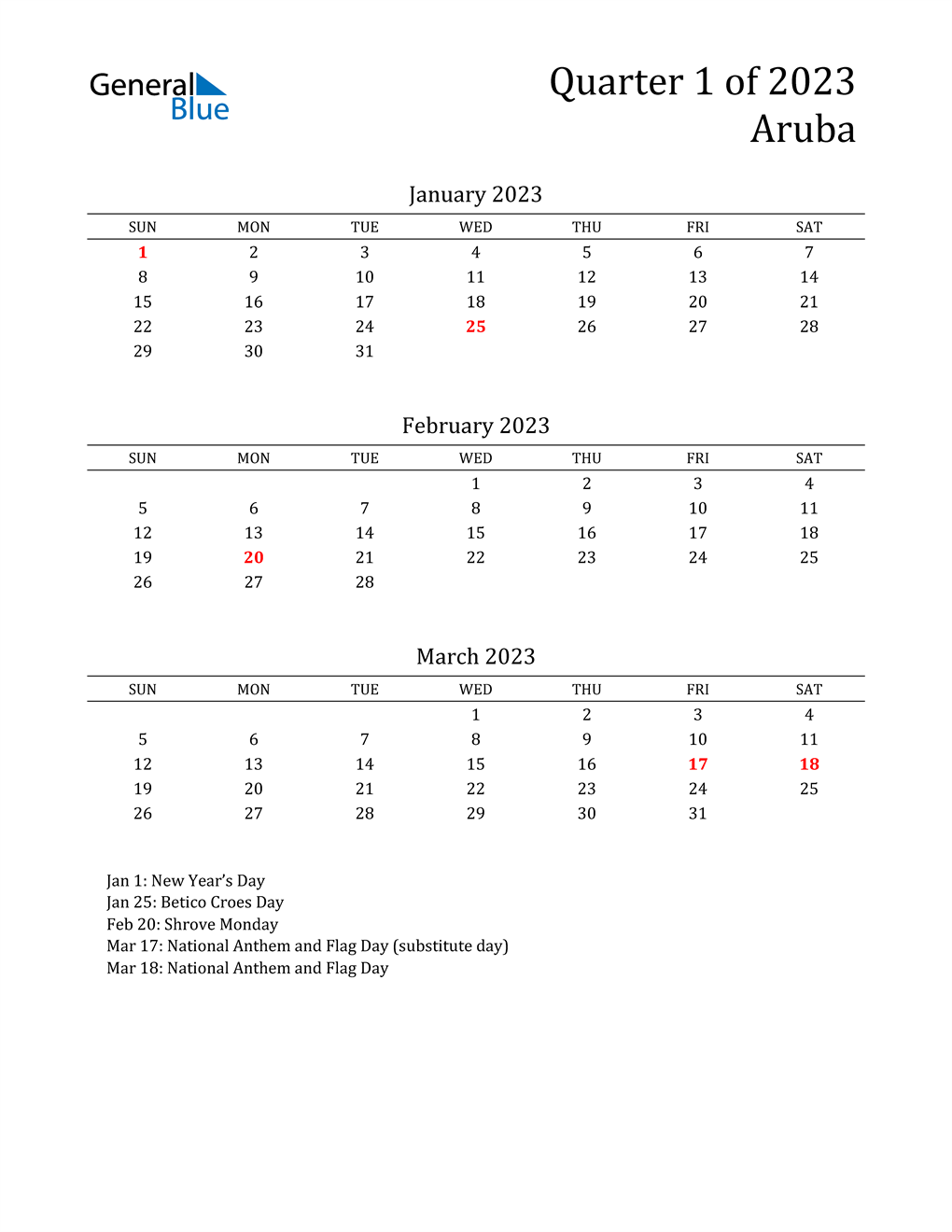  2023 Aruba Quarterly Calendar