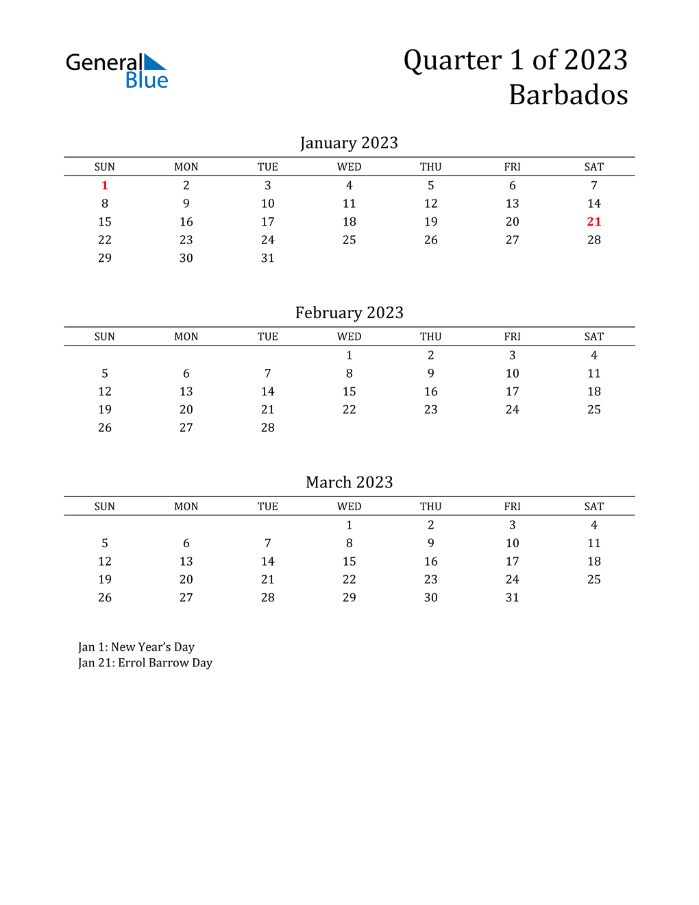  2023 Barbados Quarterly Calendar