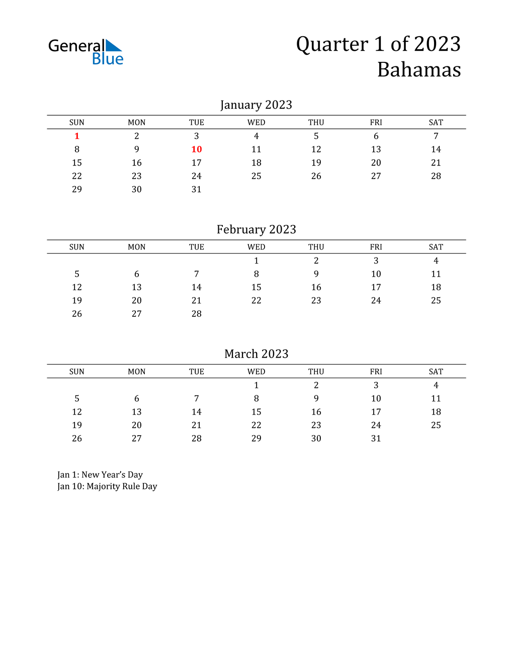  2023 Bahamas Quarterly Calendar