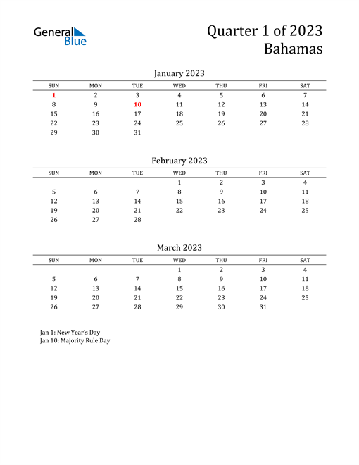  2023 Bahamas Quarterly Calendar