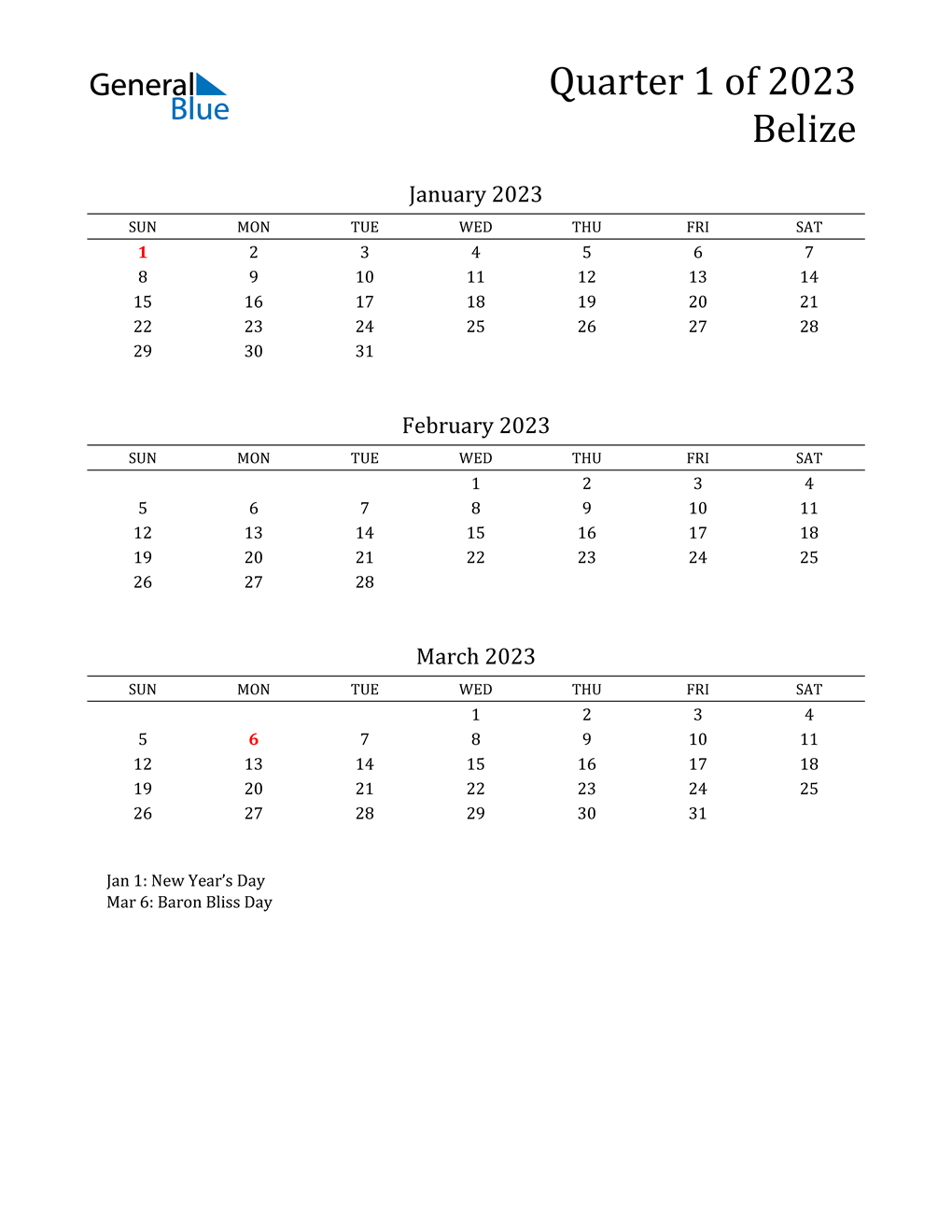  2023 Belize Quarterly Calendar