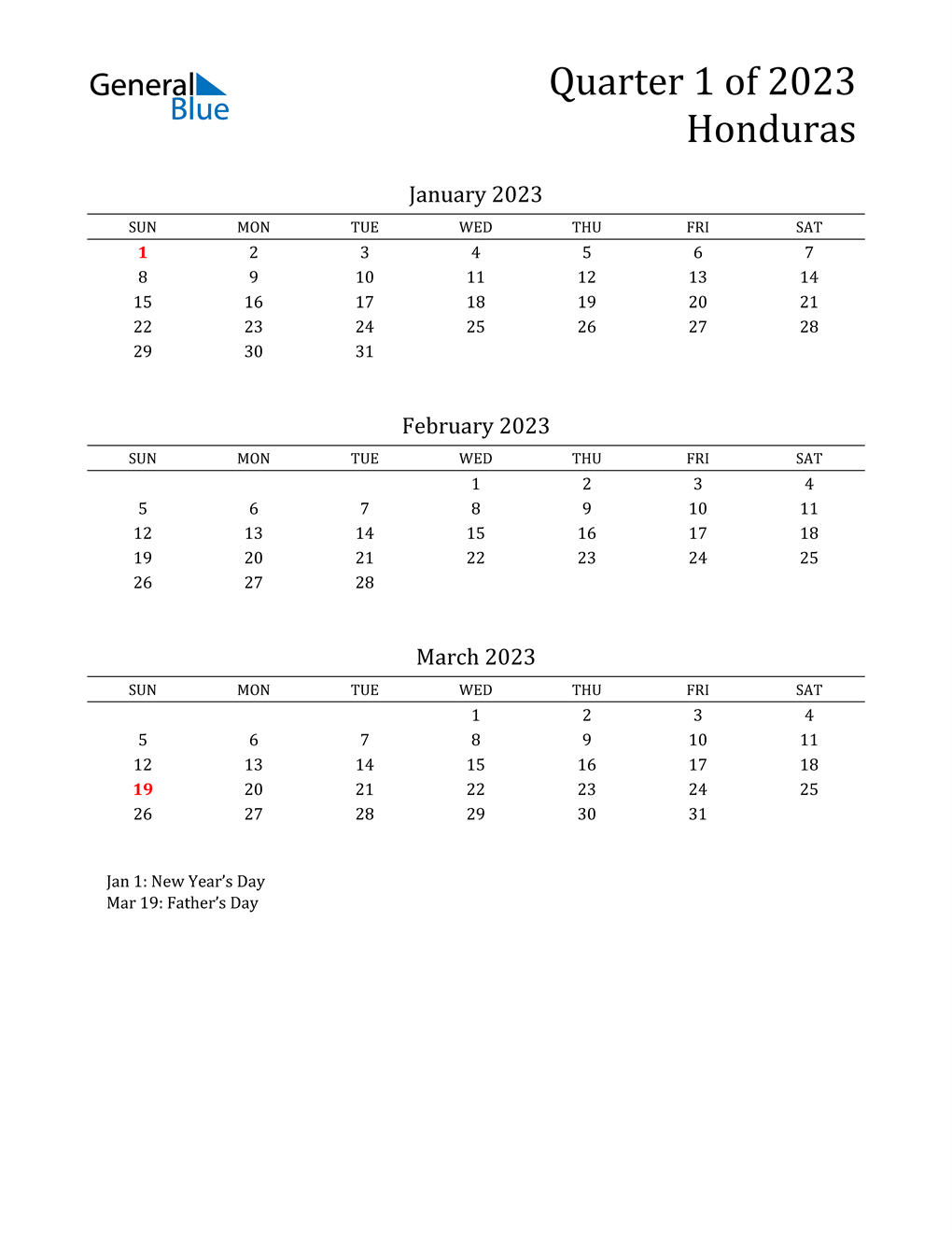  2023 Honduras Quarterly Calendar