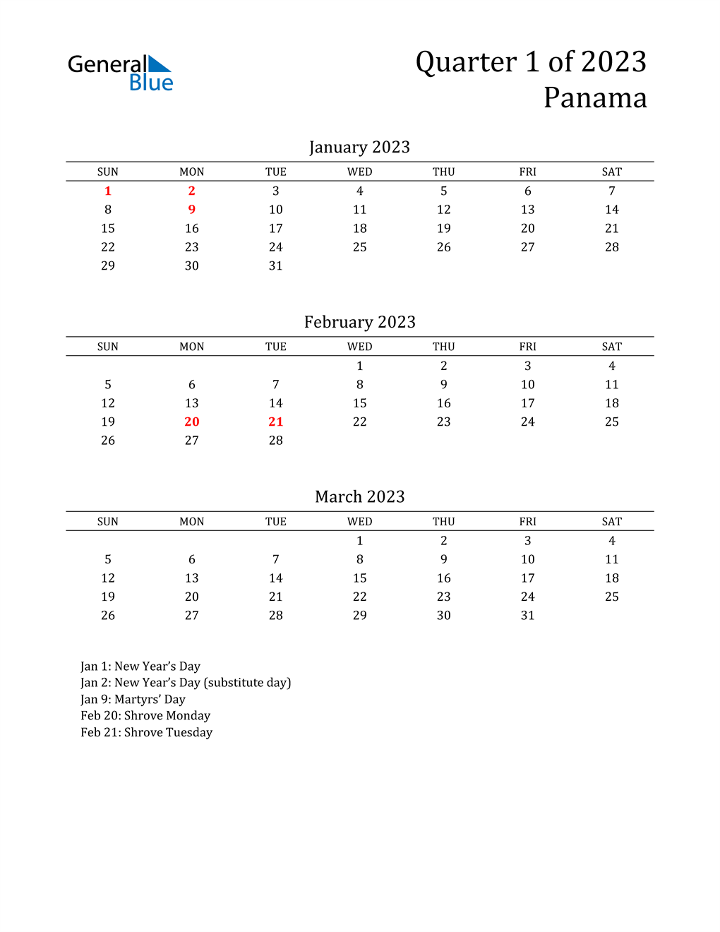  2023 Panama Quarterly Calendar