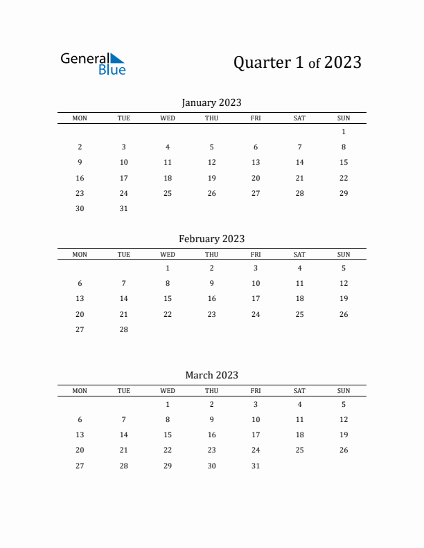 2023 Three-Month Calendar with Monday Start - Quarter 1