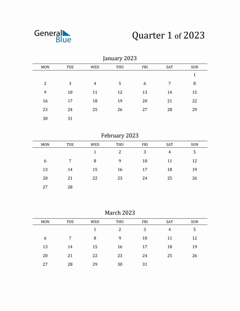 2023 Three-Month Calendar Template with Monday Start - Quarter 1