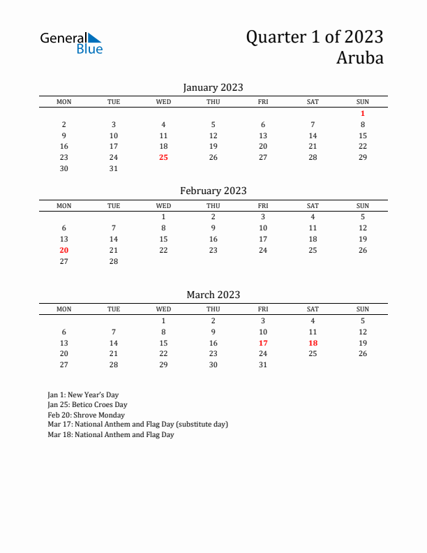Quarter 1 2023 Aruba Quarterly Calendar