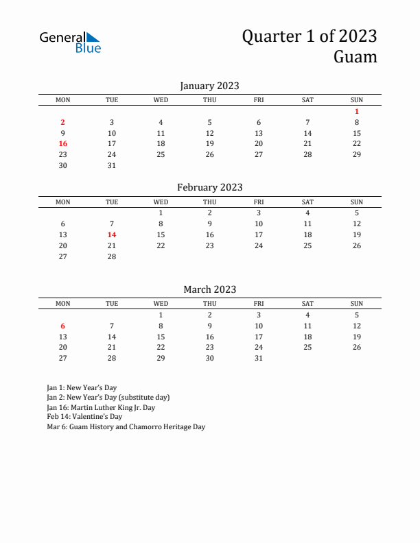 Quarter 1 2023 Guam Quarterly Calendar