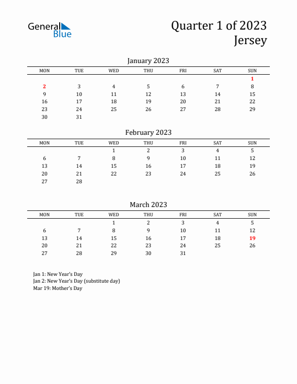 Quarter 1 2023 Jersey Quarterly Calendar