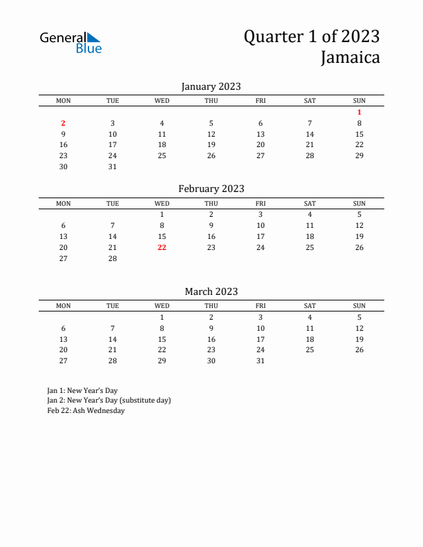 Quarter 1 2023 Jamaica Quarterly Calendar
