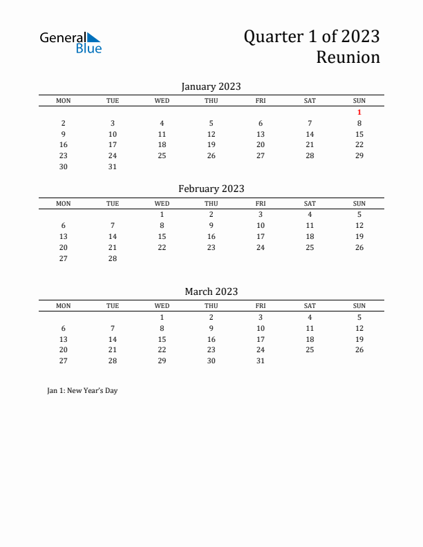 Quarter 1 2023 Reunion Quarterly Calendar