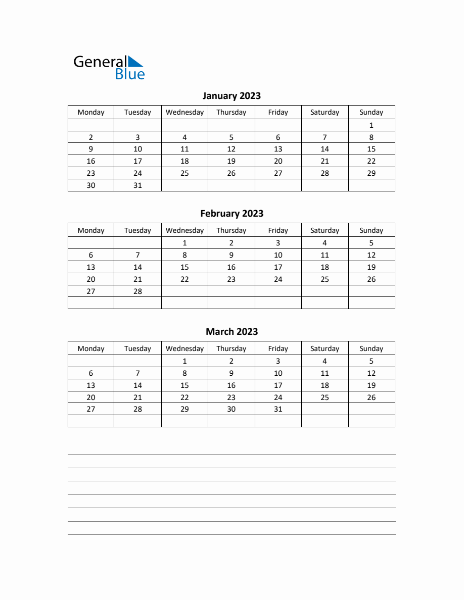 Free Printable Q1 Quarterly Calendar 2023