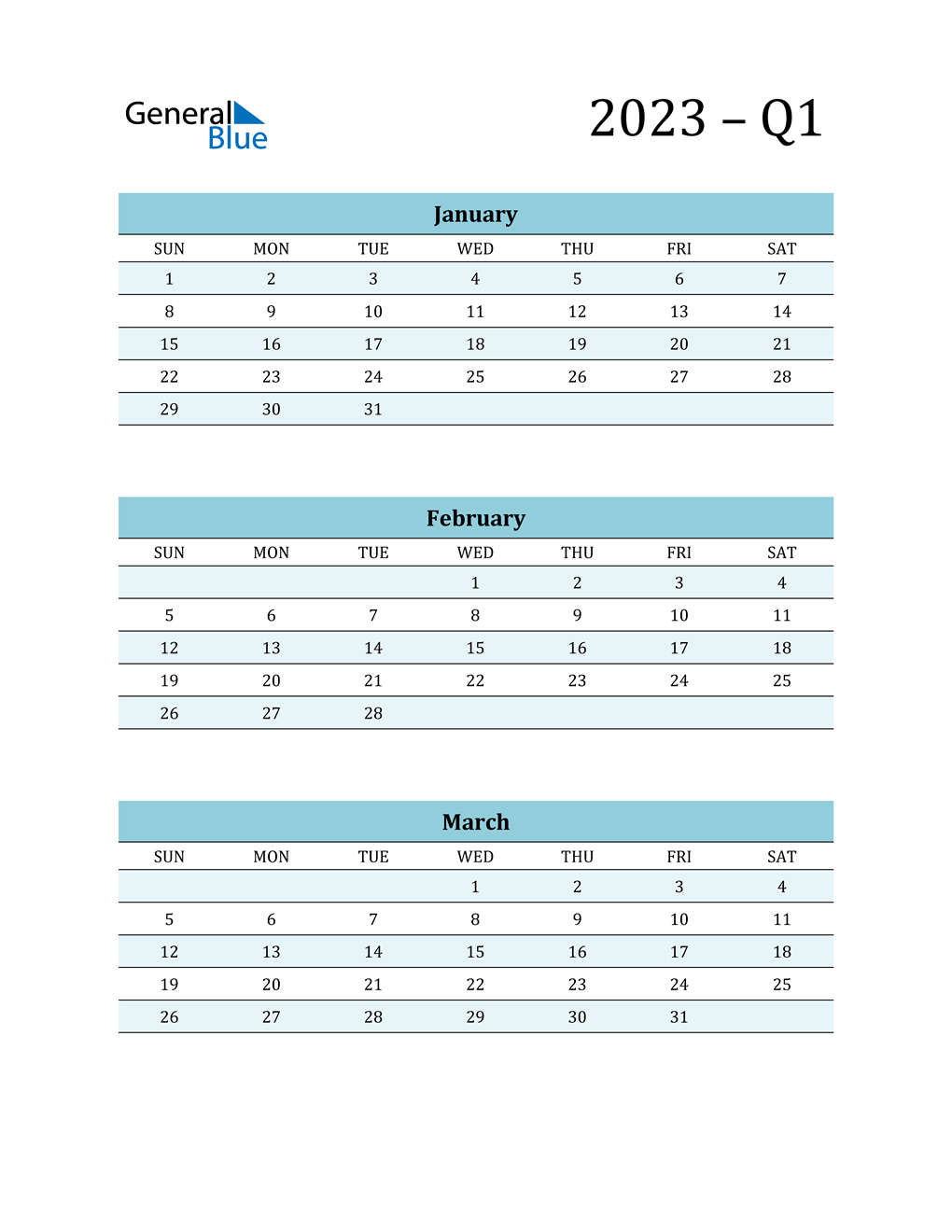  January, February, and March 2023 Calendar