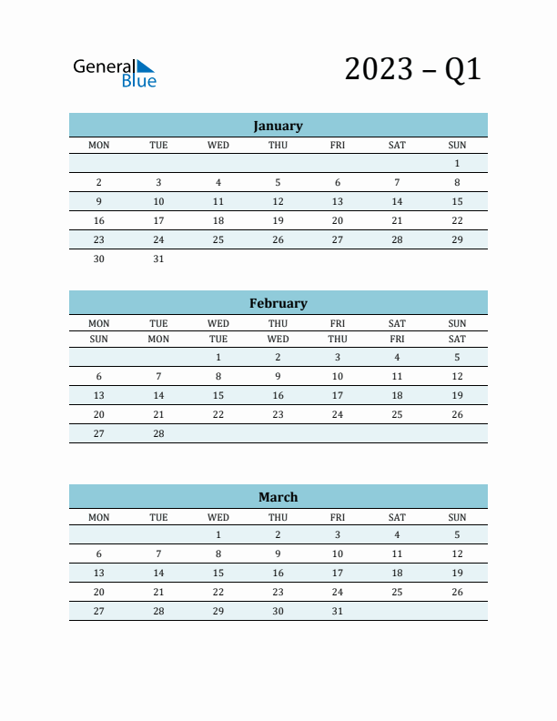 January, February, and March 2023 Calendar