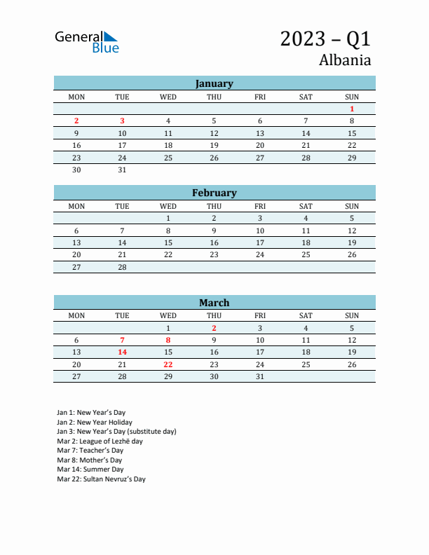 Three-Month Planner for Q1 2023 with Holidays - Albania