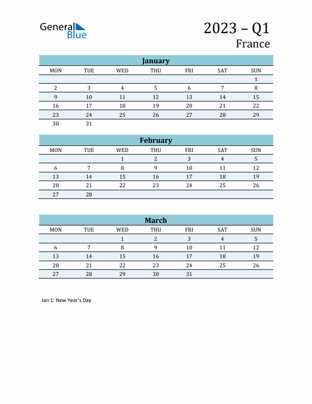 Three-Month Planner for Q1 2023 with Holidays - France