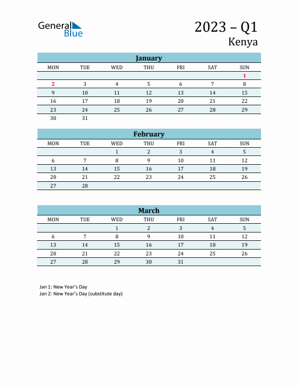 Three-Month Planner for Q1 2023 with Holidays - Kenya