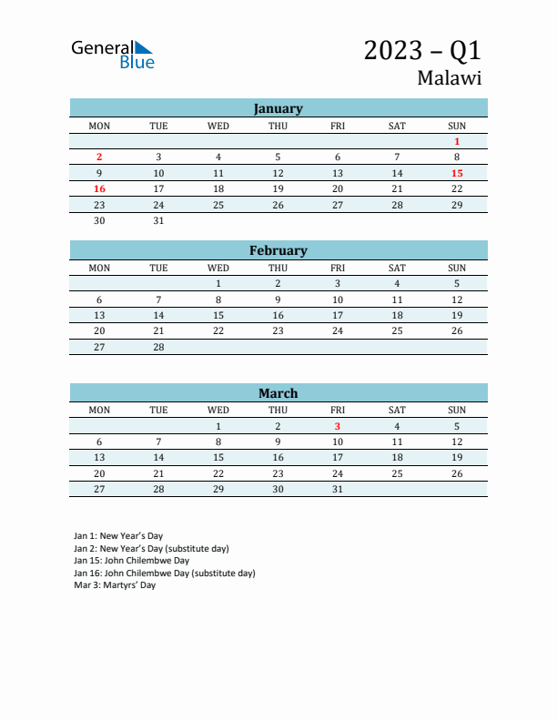 Three-Month Planner for Q1 2023 with Holidays - Malawi