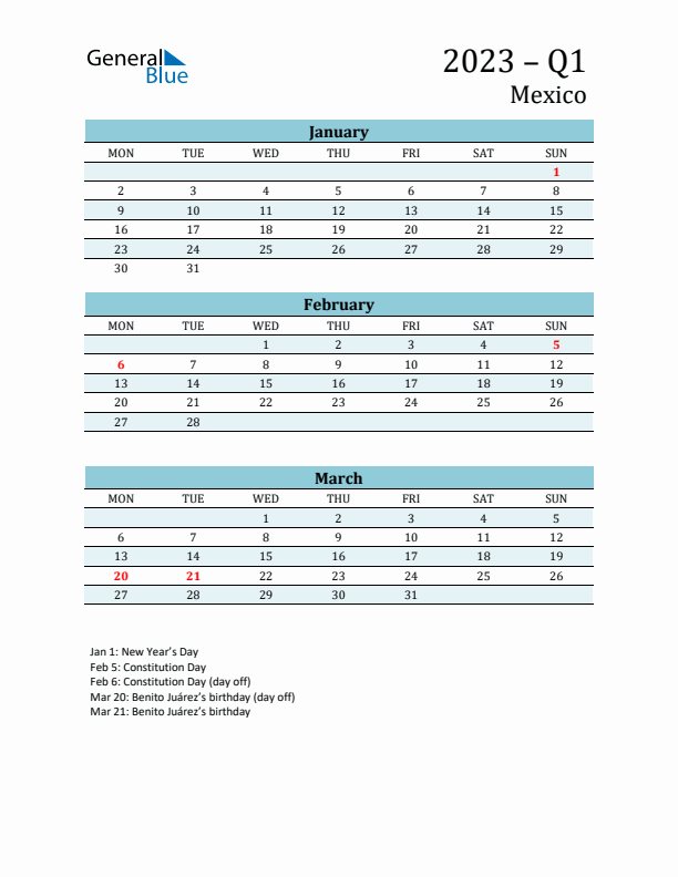 Three-Month Planner for Q1 2023 with Holidays - Mexico