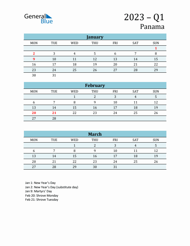 Three-Month Planner for Q1 2023 with Holidays - Panama