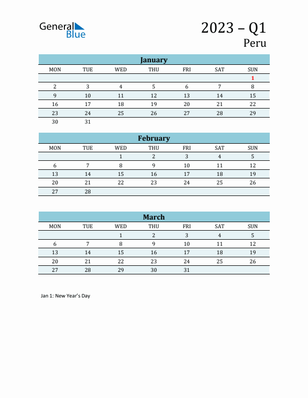 Three-Month Planner for Q1 2023 with Holidays - Peru