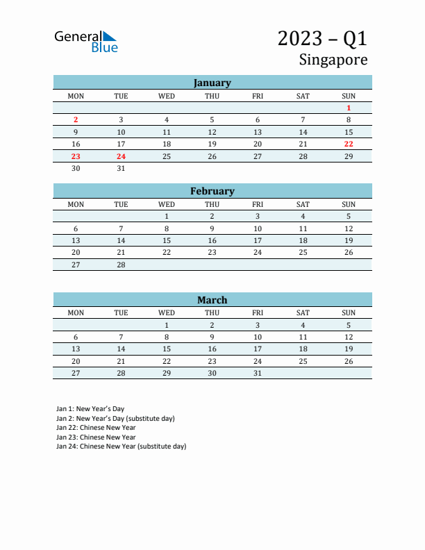 Three-Month Planner for Q1 2023 with Holidays - Singapore