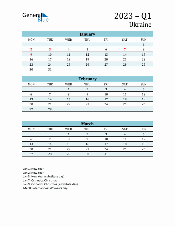 Three-Month Planner for Q1 2023 with Holidays - Ukraine