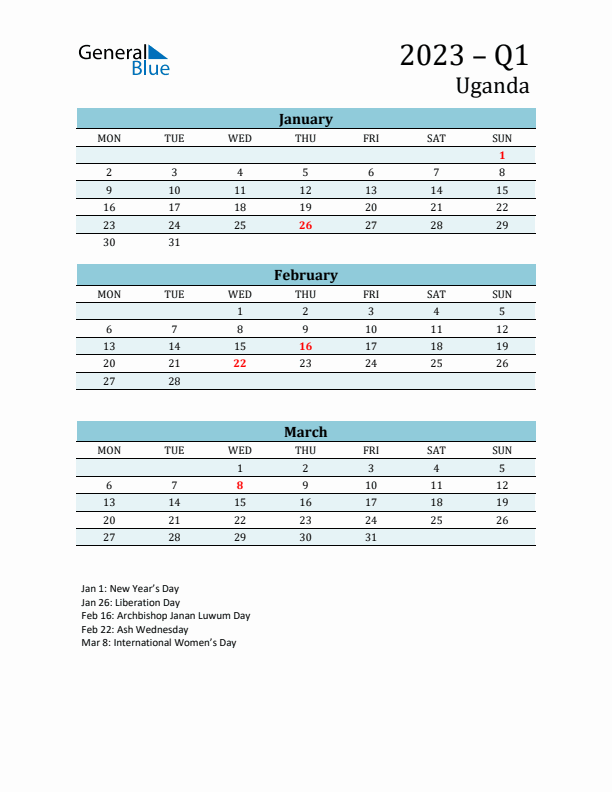 Three-Month Planner for Q1 2023 with Holidays - Uganda