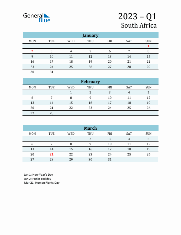 Three-Month Planner for Q1 2023 with Holidays - South Africa
