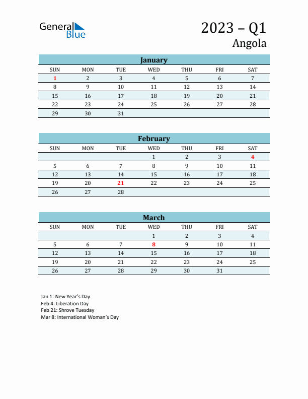 Three-Month Planner for Q1 2023 with Holidays - Angola