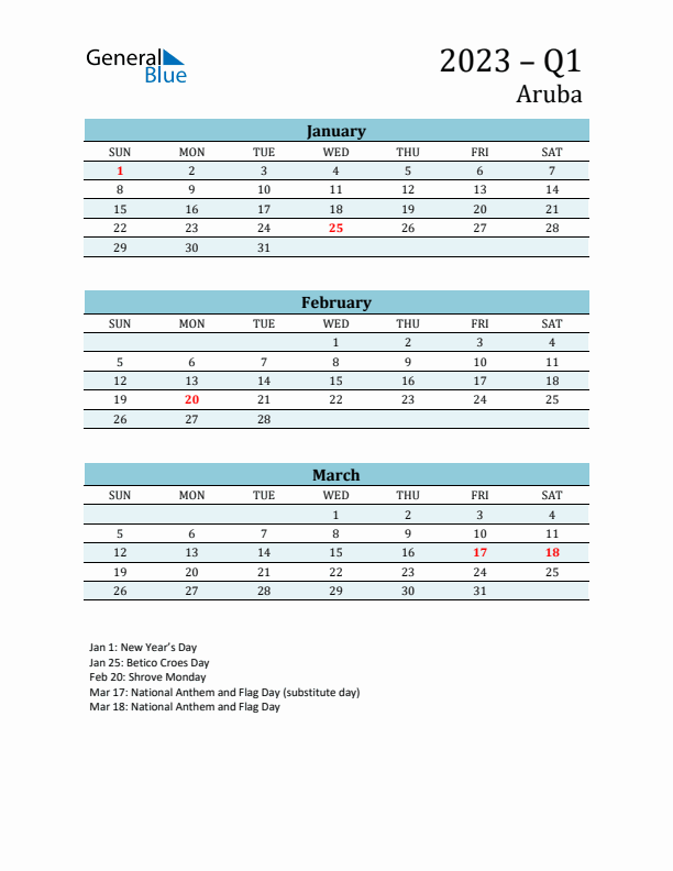 Three-Month Planner for Q1 2023 with Holidays - Aruba