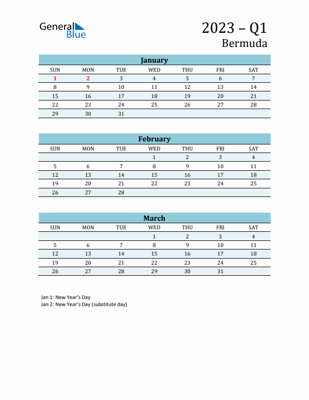 Three-Month Planner for Q1 2023 with Holidays - Bermuda