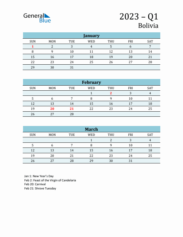 Three-Month Planner for Q1 2023 with Holidays - Bolivia