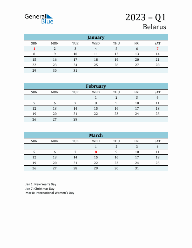 Three-Month Planner for Q1 2023 with Holidays - Belarus