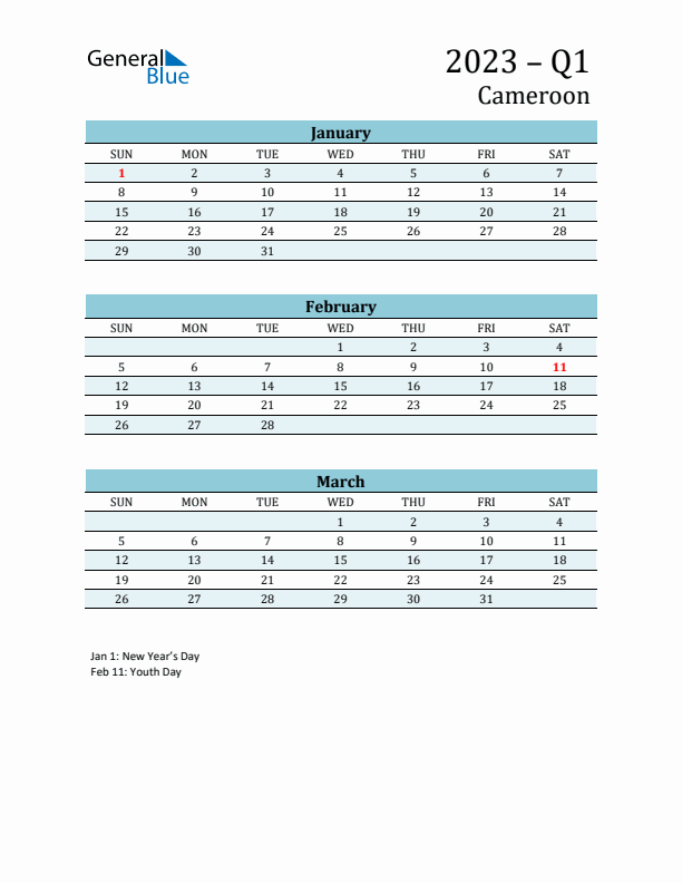Three-Month Planner for Q1 2023 with Holidays - Cameroon
