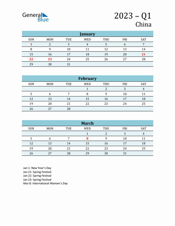 Three-Month Planner for Q1 2023 with Holidays - China