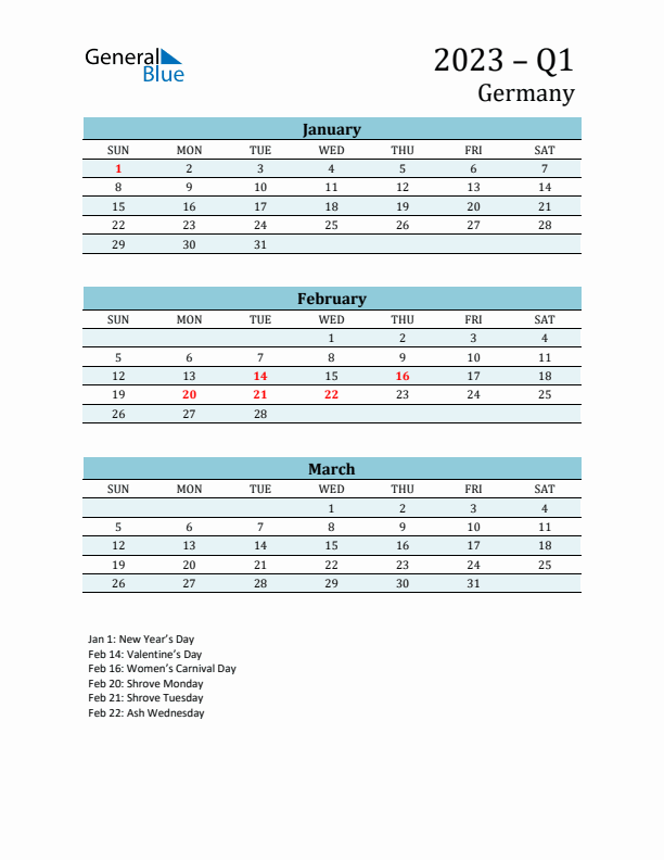 Three-Month Planner for Q1 2023 with Holidays - Germany