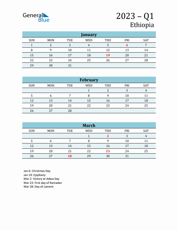 Three-Month Planner for Q1 2023 with Holidays - Ethiopia