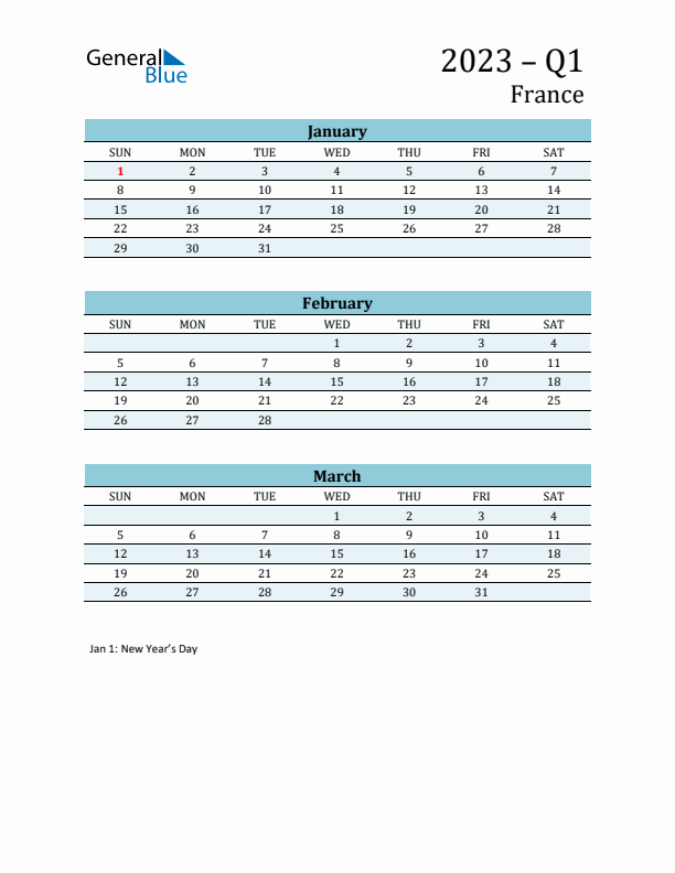 Three-Month Planner for Q1 2023 with Holidays - France