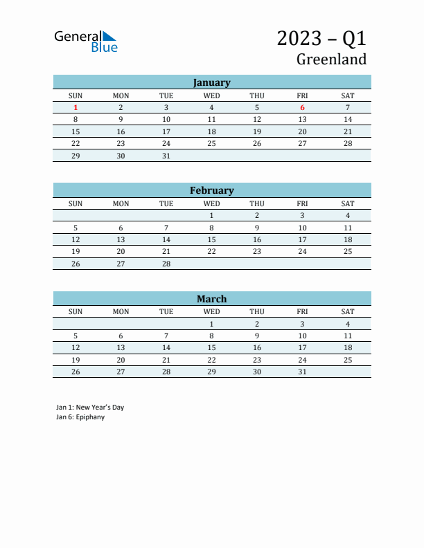 Three-Month Planner for Q1 2023 with Holidays - Greenland