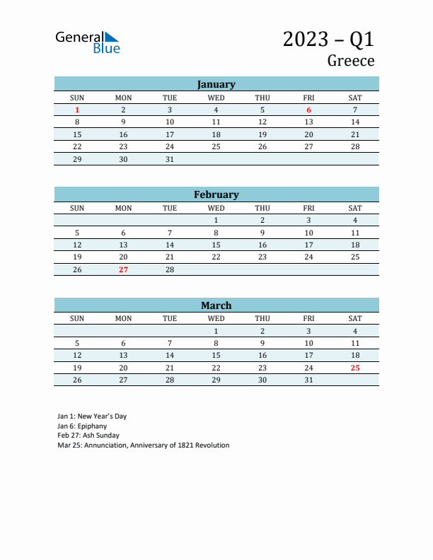 Three-Month Planner for Q1 2023 with Holidays - Greece