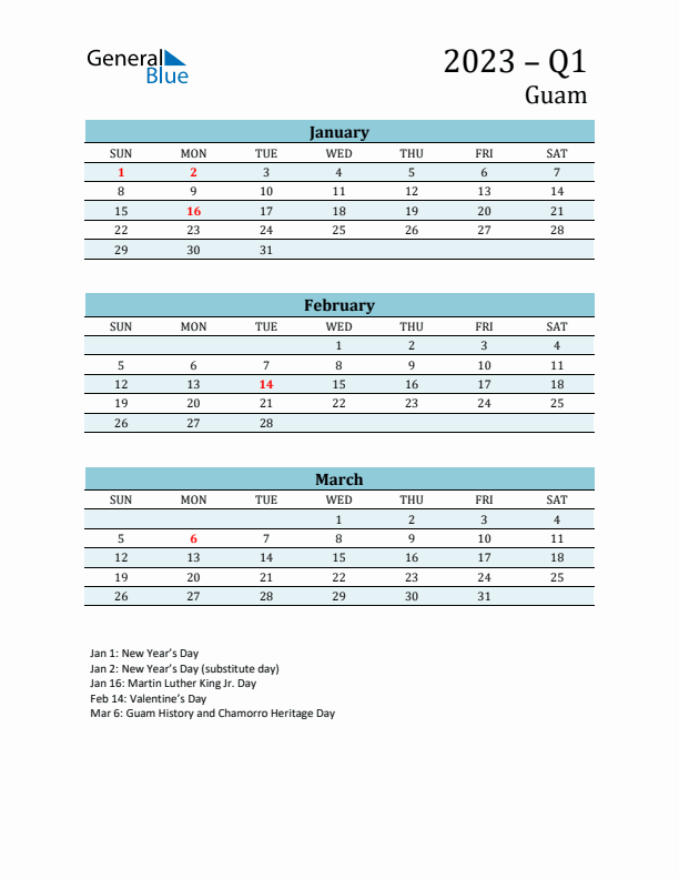 Three-Month Planner for Q1 2023 with Holidays - Guam